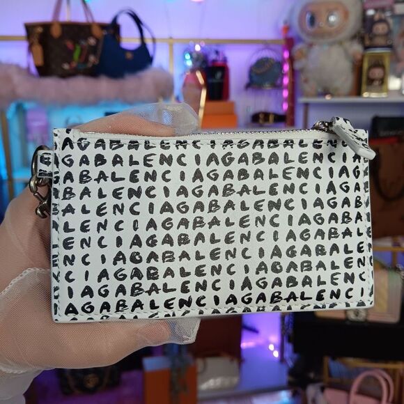 NIB Balenciaga White Black Logo Leather Zip Card Holder Wallet W/ Strap Lanyard - Picture 4 of 8